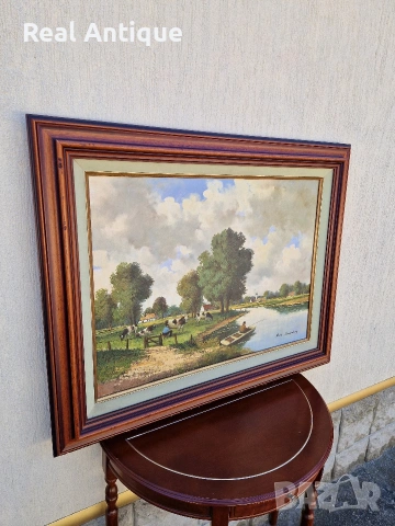Уникална антикварна белгийска авторска майсторска картина масло върху платно , снимка 7 - Антикварни и старинни предмети - 54899793