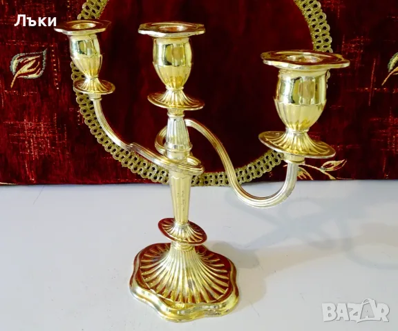 Позлатен троен свещник тройка 1.1 кг. , снимка 3 - Антикварни и старинни предмети - 55364181