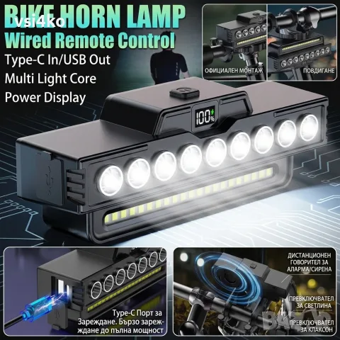 LED фар за велосипед с клаксон, снимка 4 - Аксесоари за велосипеди - 50097792