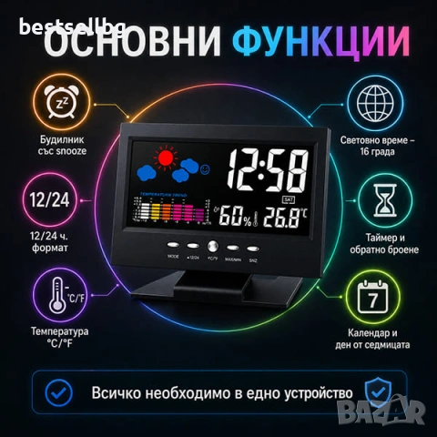 LED дигитален часовник с будилник, температура, световно време и гласова подсветка, снимка 2 - Други - 53122598