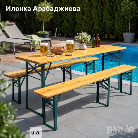 Сгъваем комплект градинска маса с 2 пейки - От чамово дърво, снимка 7 - Градински мебели, декорация  - 55075884
