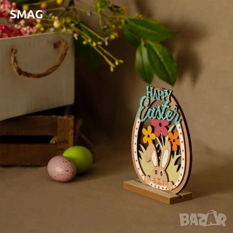 Великденско декоративно настолно дървено яйце, с лице на зайче и цветя, с надпис: "Happy Easter"_122, снимка 3 - Декорация за дома - 54224624