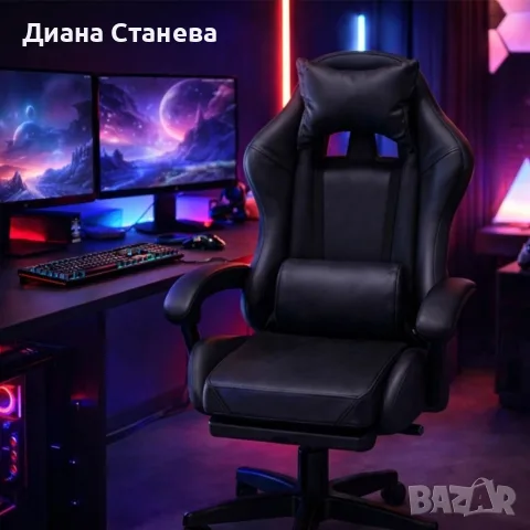 Премиум геймърски стол с масажна функция, поставка за крака и ергономична метална рамка, PU кожа, Че, снимка 5 - Столове - 55565440