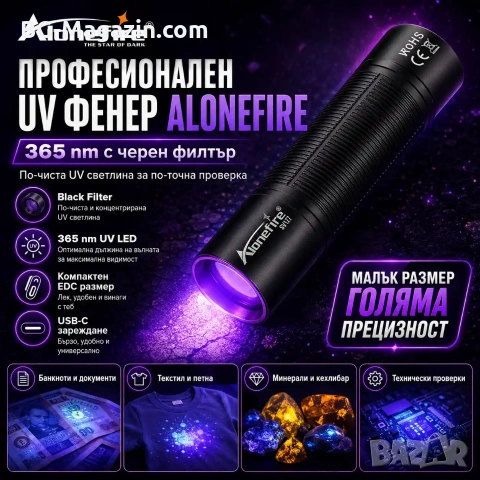 Професионален ултравиолетов ръчен UV фенер 365nm черен филтър за фалшиви пари евро урина камъни