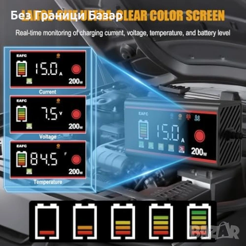 Нова 15A 12V смарт зарядно за акумулатор LCD LiFePO4 AGM GEL кола автомобил, снимка 4 - Друга електроника - 54226287