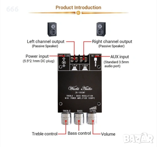 ZK-1002MT стерео усилвател 2*100W / 24 волта dc, снимка 6 - Друга електроника - 54768547