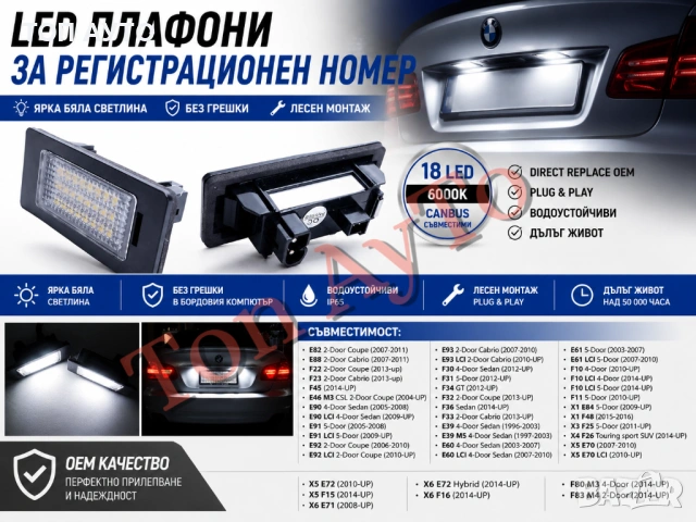 Лед LED Плафони БМВ BMW Е39 Е46 Е60 Е61 Е90 Е91 Е92 Е93 Е82 Е88 F22 F10 F11 F30 F31 F32 F33 F34 F36 