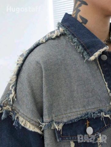 Ново мъжко карго дънково яке риза Street Style накъсан вид обърнат ефект овърсайз деним памук ХХЛ, снимка 5 - Якета - 54702879