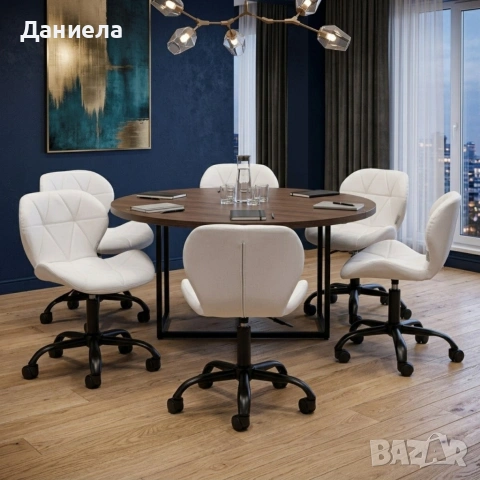 Дизайнерски въртящ се стол за офис и салон - Бяла еко кожа, до 120 кг, снимка 2 - Столове - 54695929
