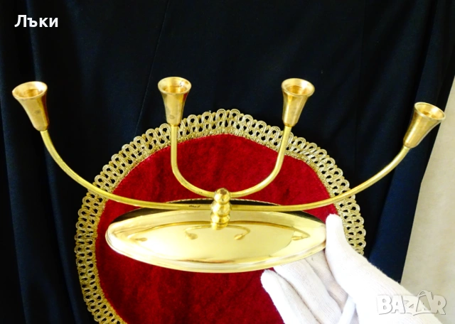 Позлатен четворен свещник от месинг., снимка 3 - Антикварни и старинни предмети - 54151419