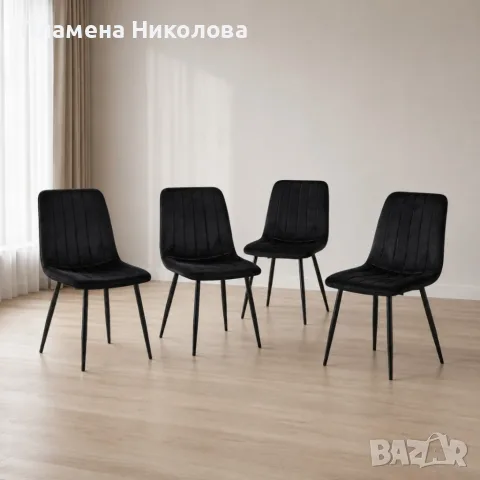 Комплект от 4 броя кадифени трапезни стола с метални крака, до 120 кг, Черен, снимка 2 - Столове - 55444084
