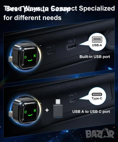 Нов Wireless CarPlay Android Auto адаптер за iPhone iOS 10+ USB-C кола телефон връзка, снимка 2 - Друга електроника - 55071609