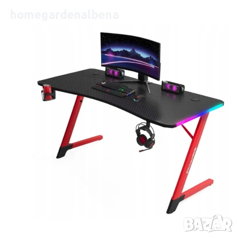 Геймърско бюро 140x60x75 см, RGB LED осветление, карбонов плот, поставка за напитки и слушалки, снимка 3 - Бюра - 54687181