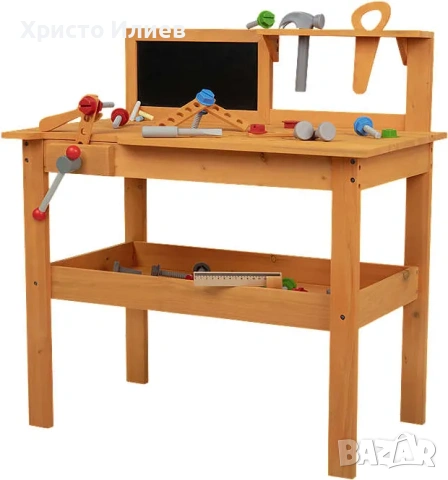 Детска дървена работилница с инструменти и черна дъска Работна маса за деца