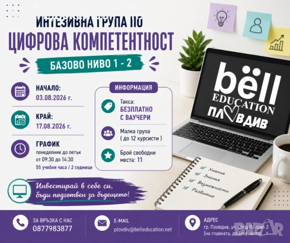 ИНТЕНЗИВНА ГРУПА ПО ЦИФРОВА КОМПЕТЕНТНОСТ Базово ниво Безплатно с ваучери 1–2