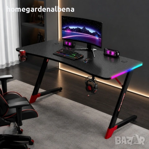 Геймърско бюро 140x60x75 см, RGB LED осветление, карбонов плот, поставка за чаша и слушалки, черно, снимка 7 - Бюра - 54687210