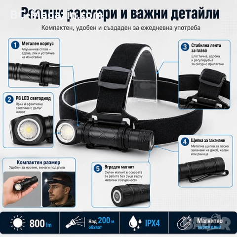 Акумулаторен LED челник за глава фенер и къмпинг лампа с магнит риболов туризъм палатка планинарство, снимка 4 - Къмпинг осветление - 50938353