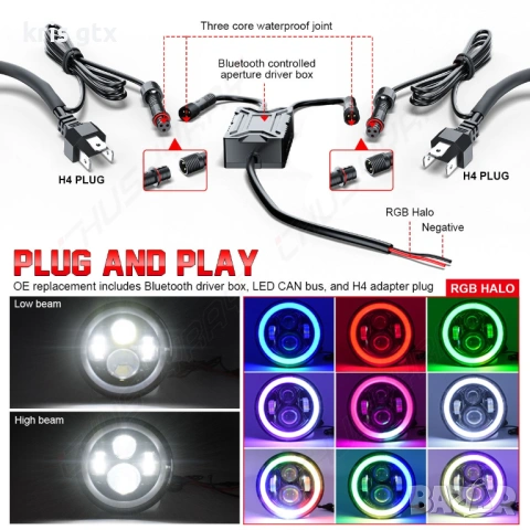 7 inch 7 инчa RGB LED Диодни фарове джип Jeep Wrangler JK LJ Lada Niva Golf 2 Cherokee Angel Eye, снимка 14 - Аксесоари и консумативи - 54401915