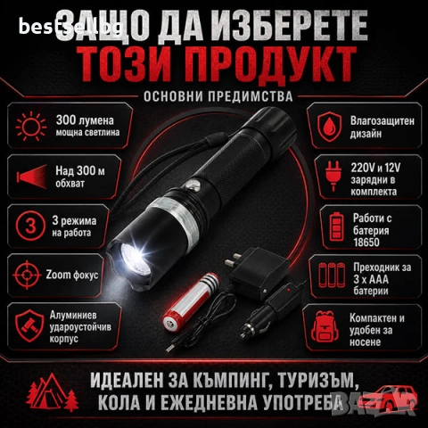 Акумулаторен фенер CREE Q5 LED с фокус батерия 18650 зарядни 220V и 12V, снимка 4 - Къмпинг осветление - 47744871