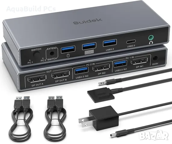 Suidek 2-входов 2-изходов 4к@60Hz DispayPort KVM превключвател с USB 3.0 портове нов