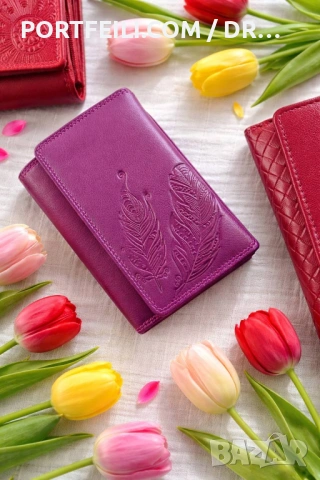 Портмоне Friedrich, Eстествена козя кожа, RFID защита, щампа перо, лилаво