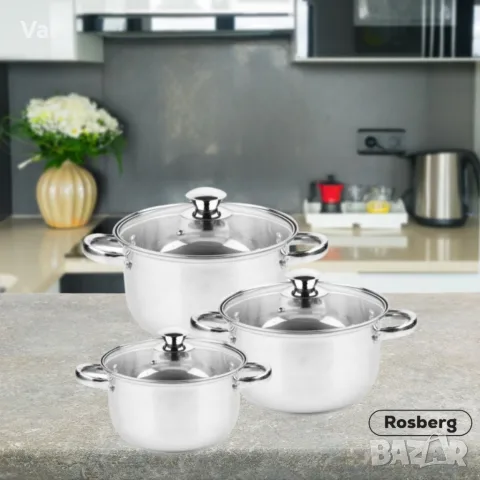 Комплект тенджери Rosberg R51210O6, включва - 20/22/24см., Неръждаема стомана, снимка 2 - Съдове за готвене - 55334780