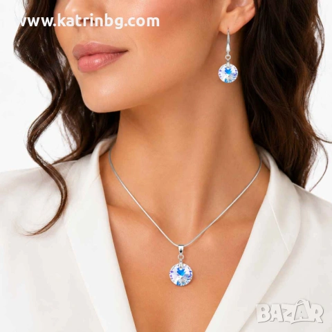 Комплект бижута с кръгли кристали Swarovski AB – колие и обеци с отблясъци, снимка 2 - Бижутерийни комплекти - 54719151