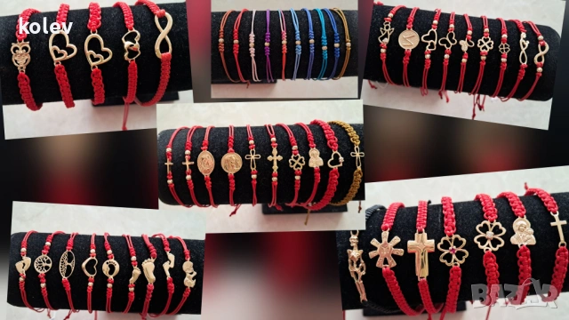 златна Богородица (кръгла) в гривна червен конец, снимка 2 - Гривни - 54213921