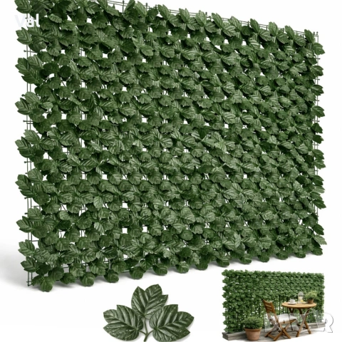 Изкуствен жив плет от бръшлян 1.5 x 3 м – UV устойчив, плътна зелена стена за балкон и ограда, снимка 9 - Градински мебели, декорация  - 54170939