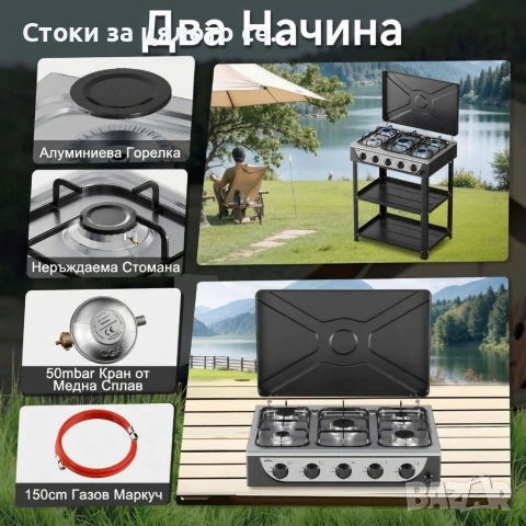 Газова печка/котлон HOMELUX с 5 котлона и стелаж на два етажа, 7.2kW, автоматично запалване, снимка 5 - Котлони - 55137476