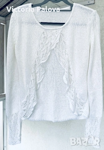 Памучна ажурна наметка с отворена предница - еластична плетка в бяло