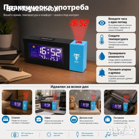 Модерен LED настолен електронен часовник с проектор на стена таван будилник аларма светещ дигитален, снимка 7 - Други - 51039948