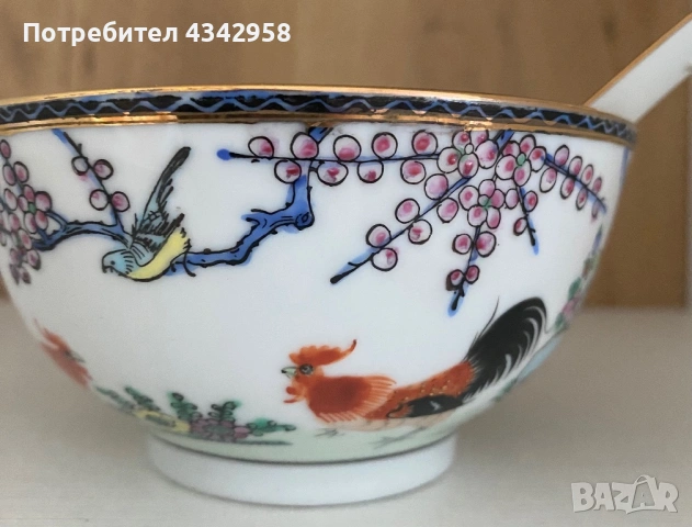 Винтидж китайска порцеланова купичка с лъжица – ръчно рисувана, 1950–1970 г., снимка 5 - Антикварни и старинни предмети - 54947374