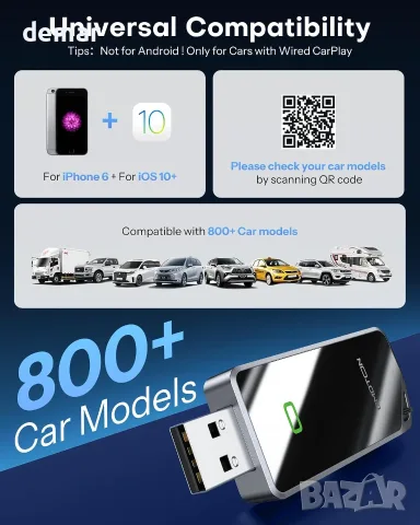 OMOTON CarPlay адаптер за iPhone – Wired към Wireless, Plug & Play, снимка 2 - Аксесоари и консумативи - 55663435