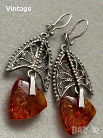 Антикварни сребърни съветски обеци с кехлибар  , снимка 3 - Обеци - 54052645