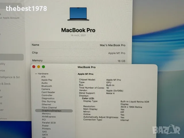 MacBook Pro 14`M1 Pro/10 CPU/16 GPU/1000GB SSD/16GB RAM/Батерия 83%, снимка 5 - Лаптопи за работа - 55376444