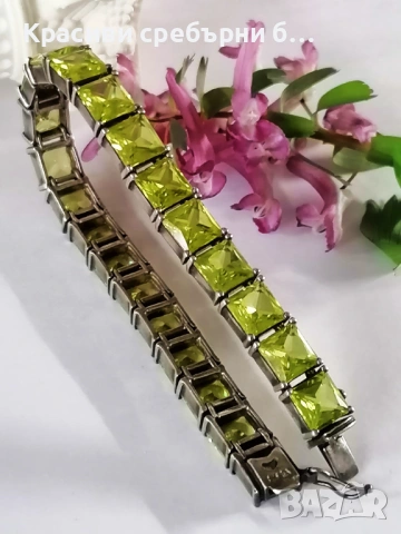 Маркова, масивна сребърна гривна с перидот 39.19гр, снимка 4 - Гривни - 54003281