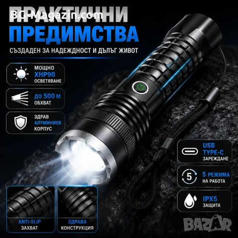 Мощен акумулаторен LED фенер прожектор XHP90 USB зареждане за лов риболов къмпинг палакта планина, снимка 7 - Къмпинг осветление - 51017182
