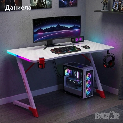 Геймърско бюро с RGB LED осветление, Бяло, 120 см – Карбоново покритие, Поставка за чаша и слушалки, снимка 5 - Бюра - 54696920