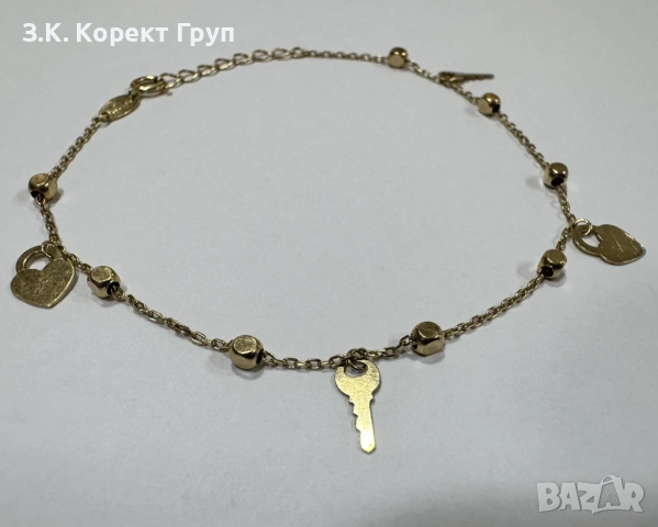 Златна гривна 14K 585 с ключ и сърце – 1,57 г – 19,5 см, снимка 2 - Гривни - 54513469