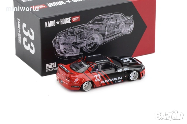 NISSAN SKYLINE GT-R R33 KAIDO WORKS ”ADVAN” - мащаб 1:64 на Mini-GT моделът е нов в кутия, снимка 6 - Колекции - 54929472
