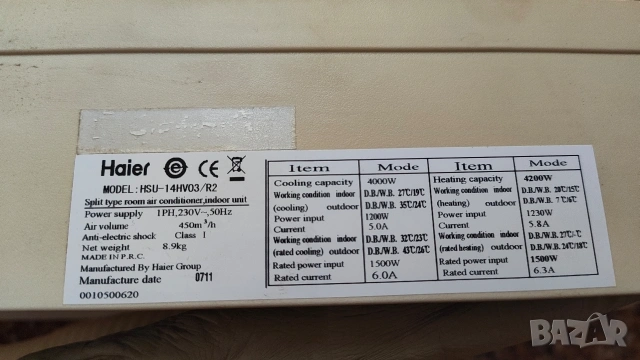 Климатик HAIER HSU - 14HV03 за части, снимка 2 - Климатици - 54909008