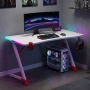 Геймърско бюро с RGB LED осветление, Бяло, 120 см – Карбоново покритие, Поставка за чаша и слушалки, снимка 5