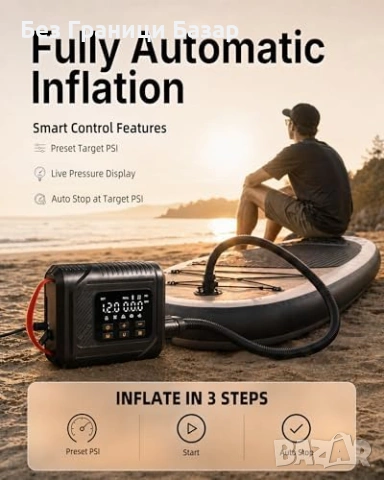 Нова Електрическа SUP помпа 20 PSI 12V за каяк лодка палатка с авто стоп и 6 накрайника, снимка 4 - Друга електроника - 54716849