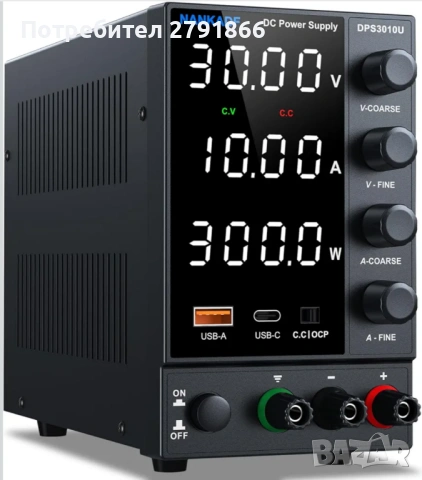 Лабораторно захранване в диапазона 0-30V/0-10A с USB-A/Type-C порт,4-LED дисплей
