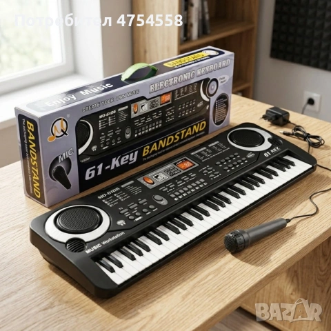 Детско електронно пиано с 61 клавиша, микрофон и адаптер – 16 тона, 10 ритъма и режим на обучение