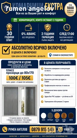 Комарници до мак. размер до 80х170-прозорци 80х240-врати 200х200-Двойно плисе+размер,монт, снимка 4 - Дограми - 53098615
