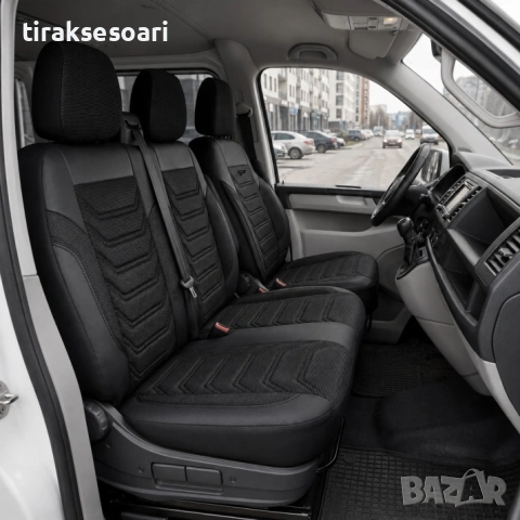 Луксозна тапицерия PANDA за VW T5 / T6 / T7 2003-2024 – еко кожа и текстил черно/сиво