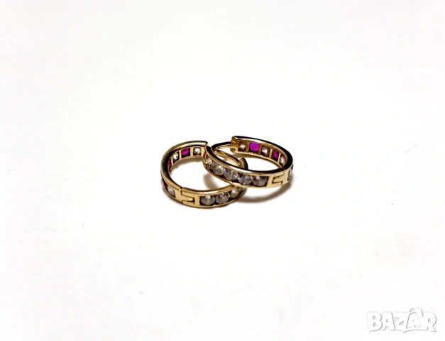 Златни Обеци 1,85 грама 14K(проба 585) с бели и розови циркони, снимка 2 - Обеци - 54939763