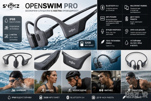 НОВО!!! Безжични спортни слушалки с костна проводимост     Shokz OpenSwim Pro, снимка 3 - Слушалки и портативни колонки - 55230772